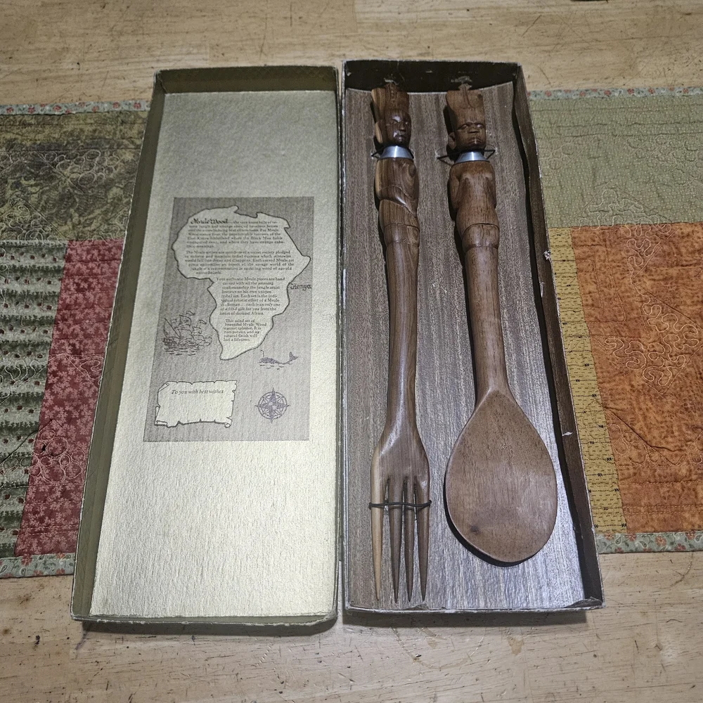 Hand Carved African Tribal Wooden Teak Serving Utensils 15” Set